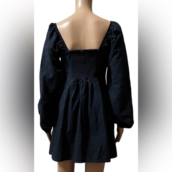 Free People A-line Linen Mini Dress Long Balloon Sleeves Black Small NWoT - Picture 5 of 11